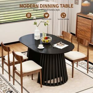 English Elm 70-Inch Expandable Oval Dining Table Matte Black MDF Sculptural Base Seats up to 8 W688P264880