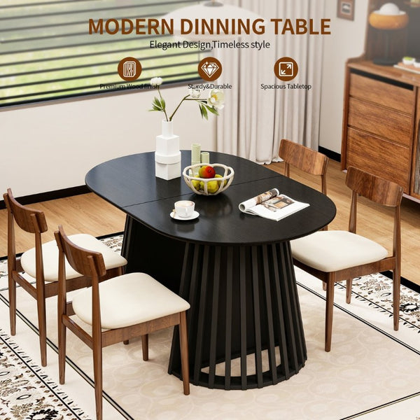 English Elm 70-Inch Expandable Oval Dining Table Matte Black MDF Sculptural Base Seats up to 8 W688P264880