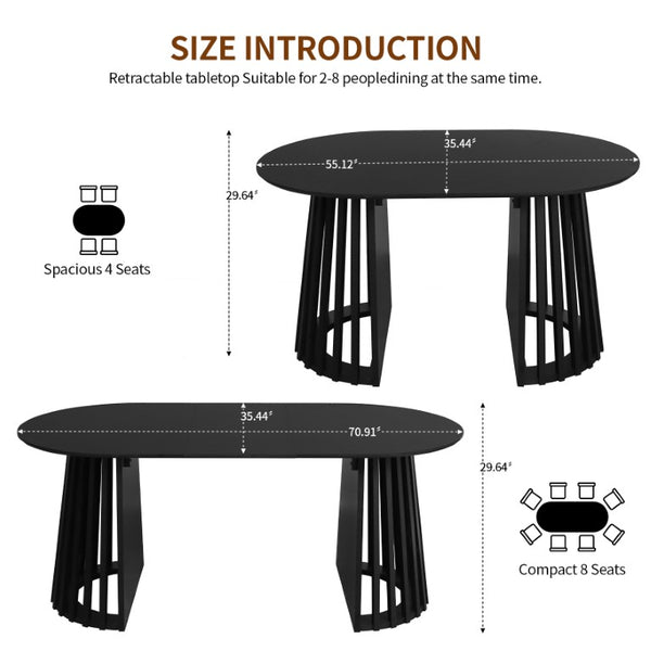 English Elm 70-Inch Expandable Oval Dining Table Matte Black MDF Sculptural Base Seats up to 8 W688P264880