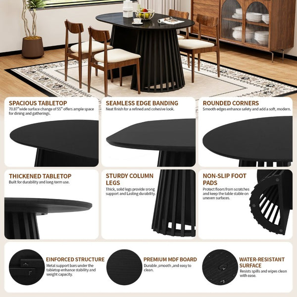 English Elm 70-Inch Expandable Oval Dining Table Matte Black MDF Sculptural Base Seats up to 8 W688P264880