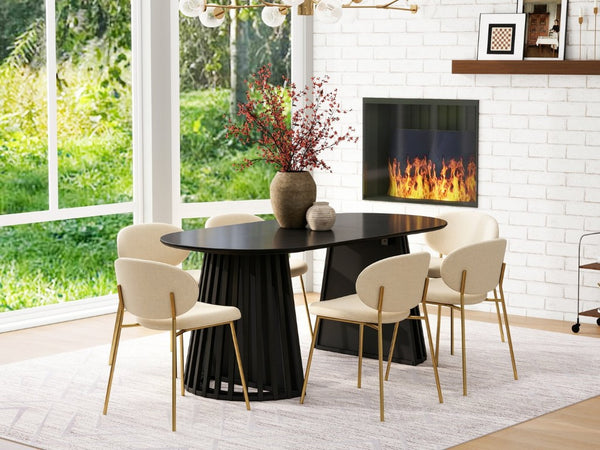 English Elm 70-Inch Expandable Oval Dining Table Matte Black MDF Sculptural Base Seats up to 8 W688P264880