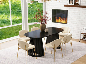 English Elm 70-Inch Expandable Oval Dining Table Matte Black MDF Sculptural Base Seats up to 8 W688P264880