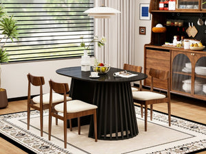 English Elm 70-Inch Expandable Oval Dining Table Matte Black MDF Sculptural Base Seats up to 8 W688P264880