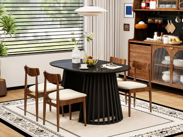 English Elm 70-Inch Expandable Oval Dining Table Matte Black MDF Sculptural Base Seats up to 8 W688P264880
