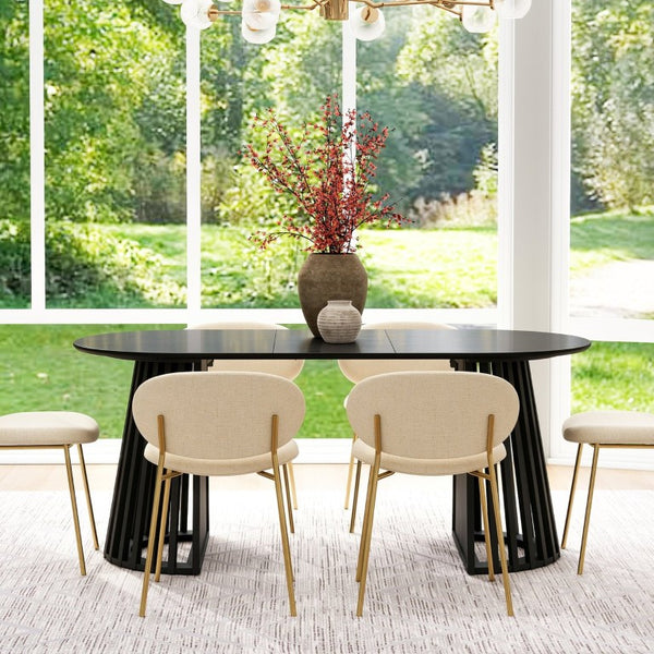 English Elm 70-Inch Expandable Oval Dining Table Matte Black MDF Sculptural Base Seats up to 8 W688P264880