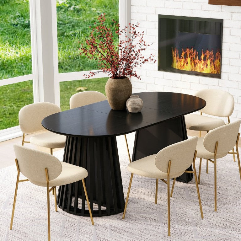English Elm 70-Inch Expandable Oval Dining Table Matte Black MDF Sculptural Base Seats up to 8 W688P264880
