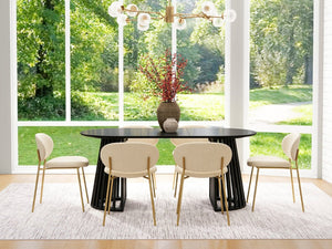 English Elm 70-Inch Expandable Oval Dining Table Matte Black MDF Sculptural Base Seats up to 8 W688P264880