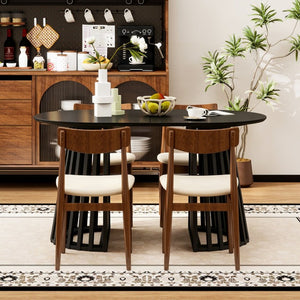 English Elm 70-Inch Expandable Oval Dining Table Matte Black MDF Sculptural Base Seats up to 8 W688P264880