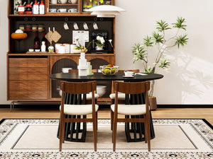 English Elm 70-Inch Expandable Oval Dining Table Matte Black MDF Sculptural Base Seats up to 8 W688P264880