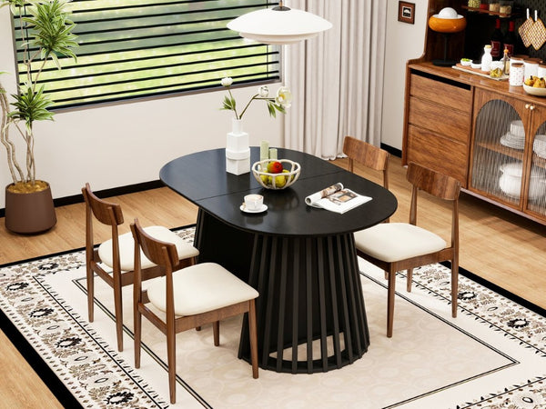 English Elm 70-Inch Expandable Oval Dining Table Matte Black MDF Sculptural Base Seats up to 8 W688P264880