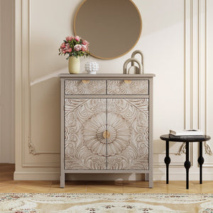 English Elm Hand-carved Floral Embossed Sideboard with Gold Hardware for Entryway or Living Room Natural W688P280092