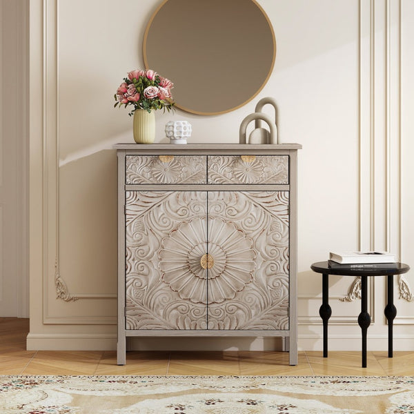 English Elm Hand-carved Floral Embossed Sideboard with Gold Hardware for Entryway or Living Room Natural W688P280092