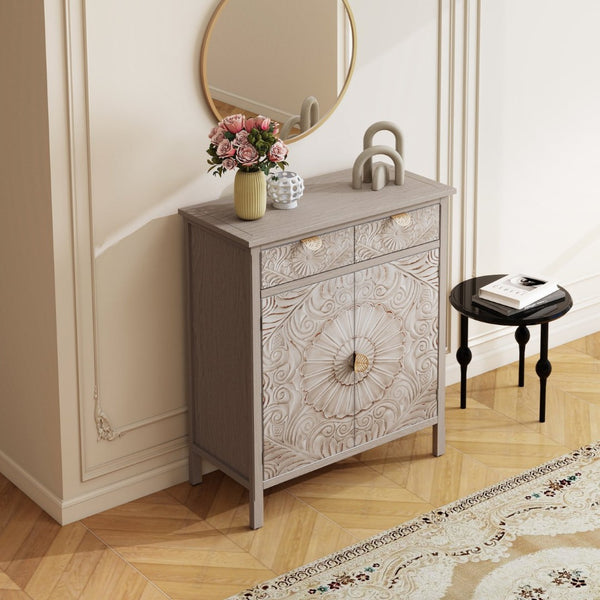 English Elm Hand-carved Floral Embossed Sideboard with Gold Hardware for Entryway or Living Room Natural W688P280092
