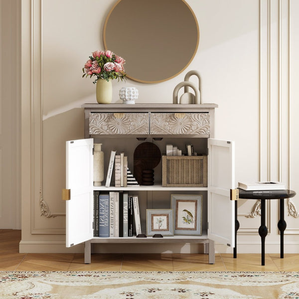 English Elm Hand-carved Floral Embossed Sideboard with Gold Hardware for Entryway or Living Room Natural W688P280092