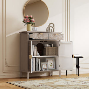 English Elm Hand-carved Floral Embossed Sideboard with Gold Hardware for Entryway or Living Room Natural W688P280092