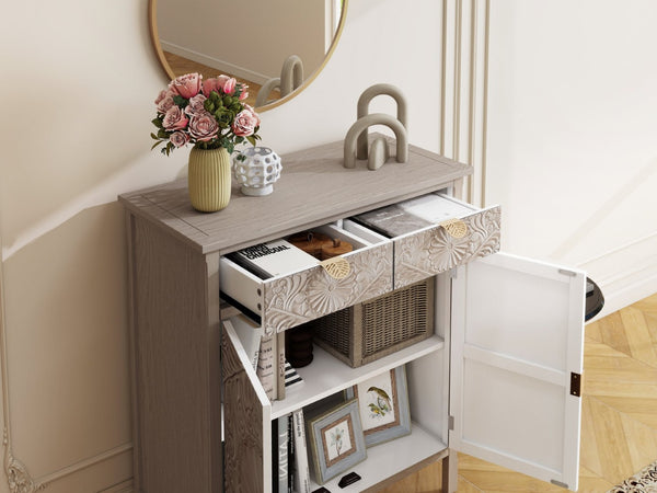 English Elm Hand-carved Floral Embossed Sideboard with Gold Hardware for Entryway or Living Room Natural W688P280092