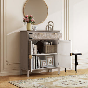 English Elm Hand-carved Floral Embossed Sideboard with Gold Hardware for Entryway or Living Room Natural W688P280092