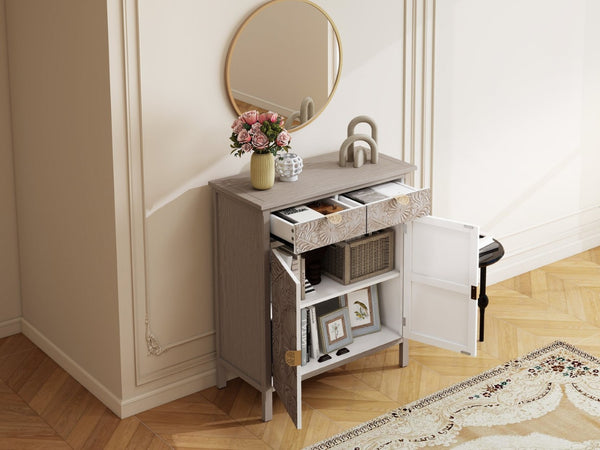 English Elm Hand-carved Floral Embossed Sideboard with Gold Hardware for Entryway or Living Room Natural W688P280092