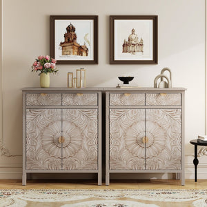 English Elm Hand-carved Floral Embossed Sideboard with Gold Hardware for Entryway or Living Room Natural W688P280092