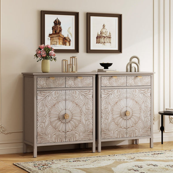 English Elm Hand-carved Floral Embossed Sideboard with Gold Hardware for Entryway or Living Room Natural W688P280092