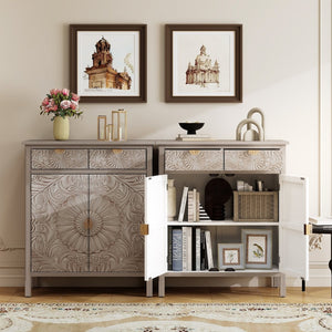 English Elm Hand-carved Floral Embossed Sideboard with Gold Hardware for Entryway or Living Room Natural W688P280092