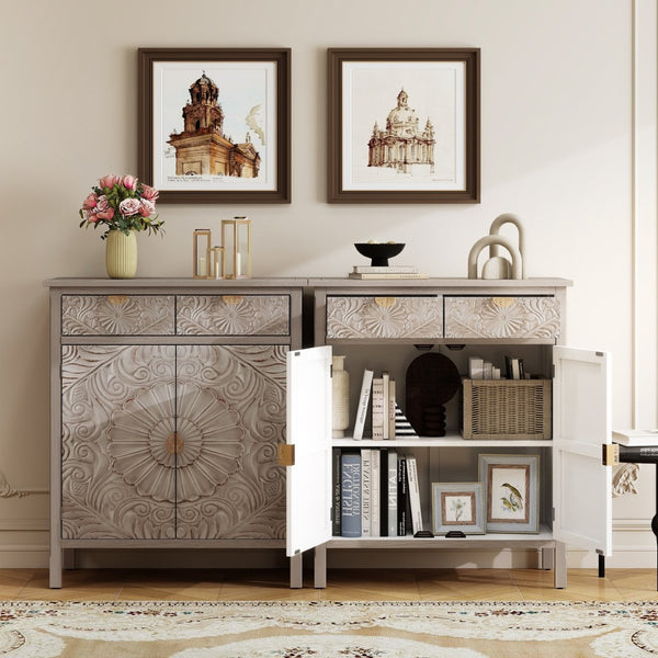 English Elm Hand-carved Floral Embossed Sideboard with Gold Hardware for Entryway or Living Room Natural W688P280092