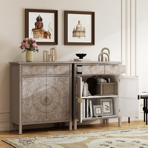 English Elm Hand-carved Floral Embossed Sideboard with Gold Hardware for Entryway or Living Room Natural W688P280092