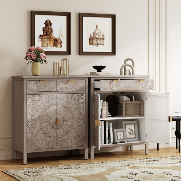 English Elm Hand-carved Floral Embossed Sideboard with Gold Hardware for Entryway or Living Room Natural W688P280092