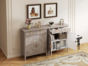 English Elm Hand-carved Floral Embossed Sideboard with Gold Hardware for Entryway or Living Room Natural W688P280092