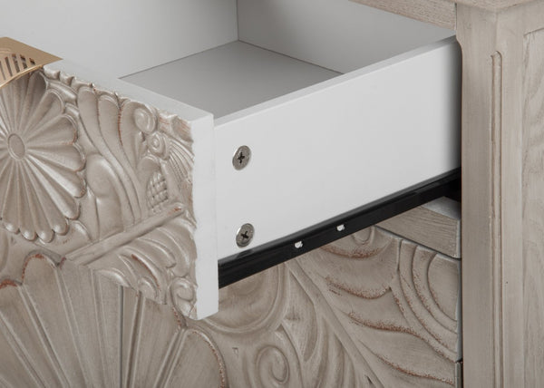 English Elm Hand-carved Floral Embossed Sideboard with Gold Hardware for Entryway or Living Room Natural W688P280092