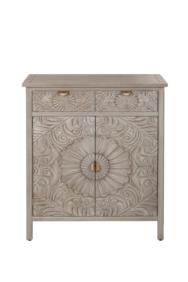 English Elm Hand-carved Floral Embossed Sideboard with Gold Hardware for Entryway or Living Room Natural W688P280092