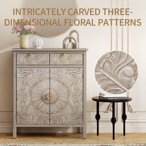 English Elm Hand-carved Floral Embossed Sideboard with Gold Hardware for Entryway or Living Room Natural W688P280092