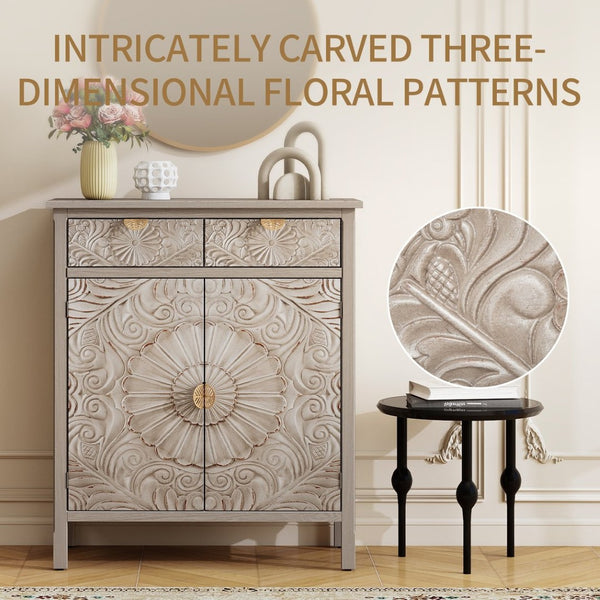 English Elm Hand-carved Floral Embossed Sideboard with Gold Hardware for Entryway or Living Room Natural W688P280092