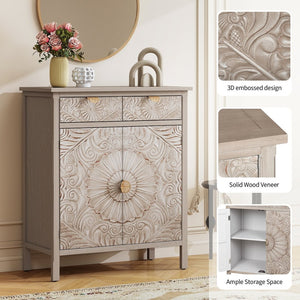English Elm Hand-carved Floral Embossed Sideboard with Gold Hardware for Entryway or Living Room Natural W688P280092