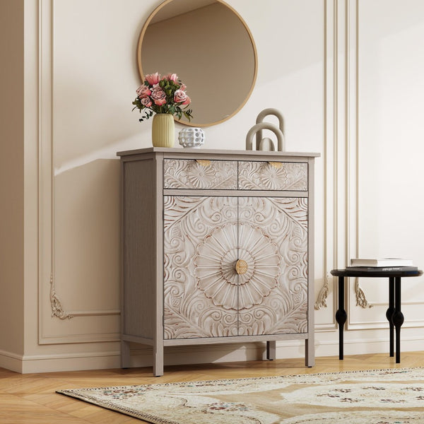 English Elm Hand-carved Floral Embossed Sideboard with Gold Hardware for Entryway or Living Room Natural W688P280092