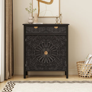 English Elm Hand-carved Floral Embossed Sideboard with Gold Hardware for Entryway or Living Room Black W688P280093
