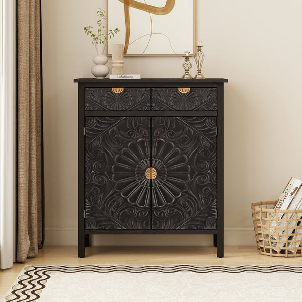 English Elm Hand-carved Floral Embossed Sideboard with Gold Hardware for Entryway or Living Room Black W688P280093
