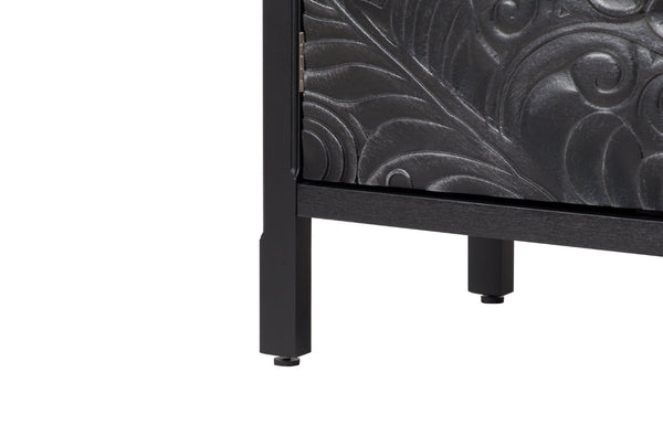 English Elm Hand-carved Floral Embossed Sideboard with Gold Hardware for Entryway or Living Room Black W688P280093