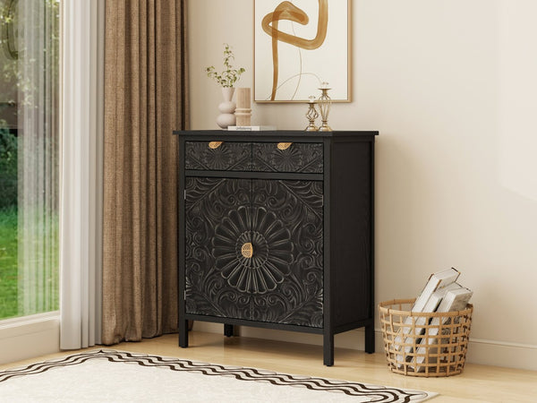 English Elm Hand-carved Floral Embossed Sideboard with Gold Hardware for Entryway or Living Room Black W688P280093