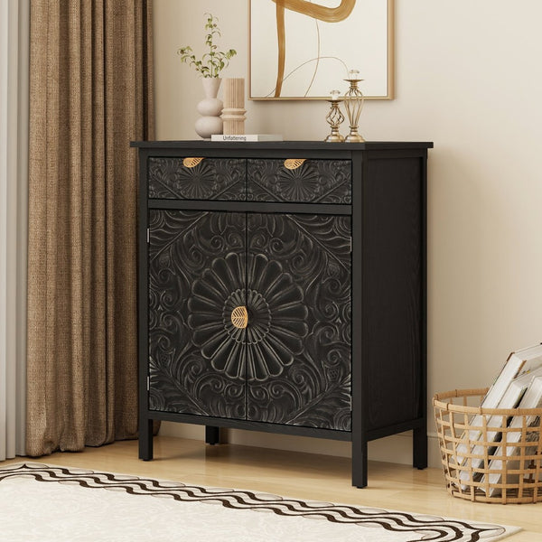 English Elm Hand-carved Floral Embossed Sideboard with Gold Hardware for Entryway or Living Room Black W688P280093