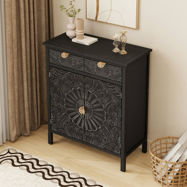 English Elm Hand-carved Floral Embossed Sideboard with Gold Hardware for Entryway or Living Room Black W688P280093