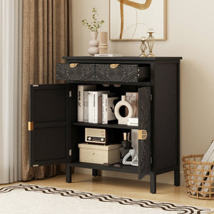 English Elm Hand-carved Floral Embossed Sideboard with Gold Hardware for Entryway or Living Room Black W688P280093