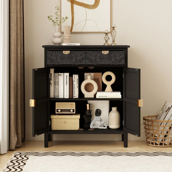 English Elm Hand-carved Floral Embossed Sideboard with Gold Hardware for Entryway or Living Room Black W688P280093