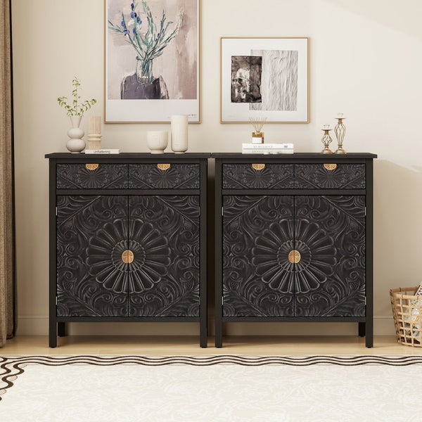 English Elm Hand-carved Floral Embossed Sideboard with Gold Hardware for Entryway or Living Room Black W688P280093