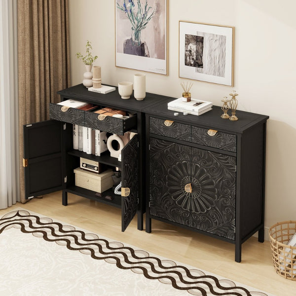 English Elm Hand-carved Floral Embossed Sideboard with Gold Hardware for Entryway or Living Room Black W688P280093