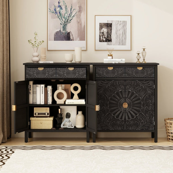 English Elm Hand-carved Floral Embossed Sideboard with Gold Hardware for Entryway or Living Room Black W688P280093