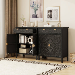 English Elm Hand-carved Floral Embossed Sideboard with Gold Hardware for Entryway or Living Room Black W688P280093