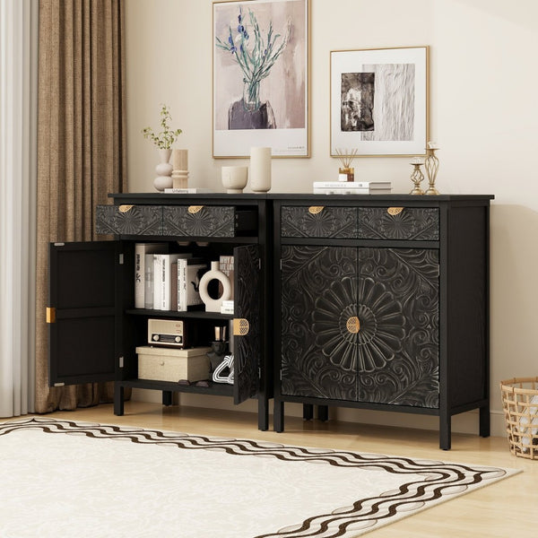 English Elm Hand-carved Floral Embossed Sideboard with Gold Hardware for Entryway or Living Room Black W688P280093