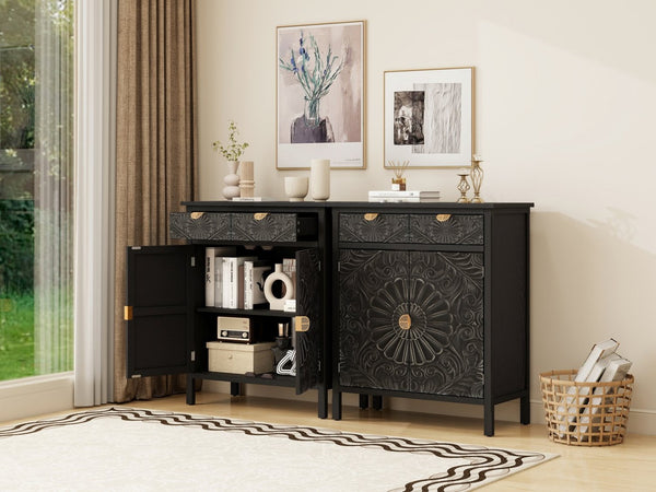 English Elm Hand-carved Floral Embossed Sideboard with Gold Hardware for Entryway or Living Room Black W688P280093