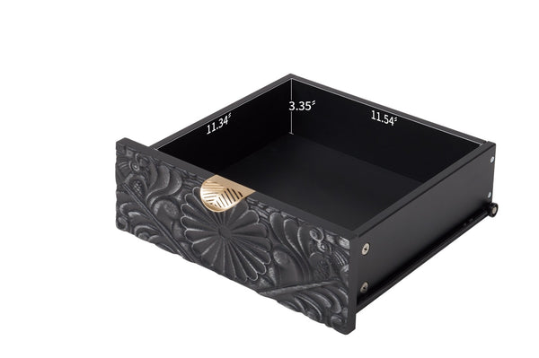 English Elm Hand-carved Floral Embossed Sideboard with Gold Hardware for Entryway or Living Room Black W688P280093